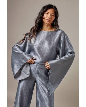 Warehouse Crinkle Satin Waterfall Sleeve Top - Gray
