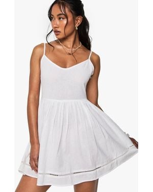 Boohoo Linen Strappy Crochet Trim Mini Dress - White