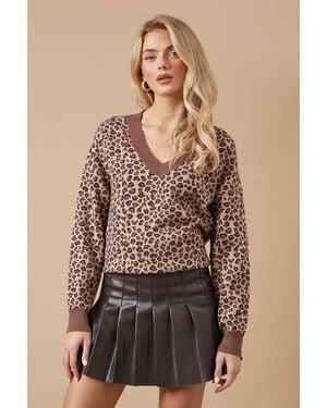 Oasis Leopard V Neck Sweater - Brown