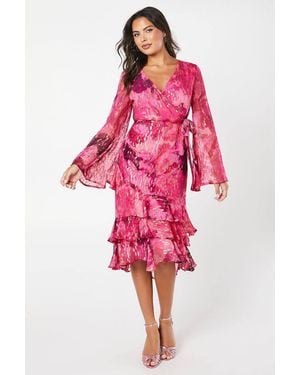 Coast Metallic Spot Printed Wrap Dress With Ruffle Skirt - Pink