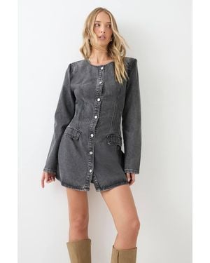 MissPap Button Down Long Sleeve Denim Dress - Gray