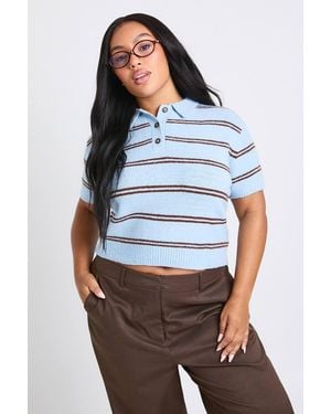 Boohoo Plus Collar Detail Stripe Knit Top - Blue
