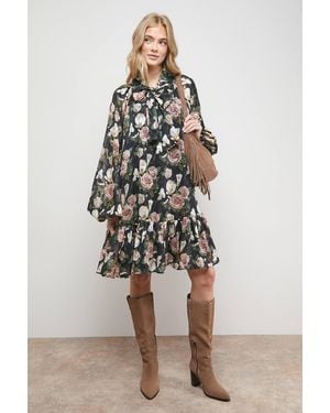 Oasis Rose Print Tie Neck Balloon Sleeve Mini Smock Dress - Multicolor
