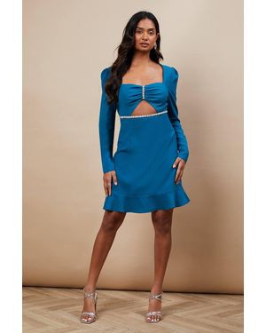 Oasis Petite Occasion Crepe Diamante Trim Cut Out Mini Dress - Blue