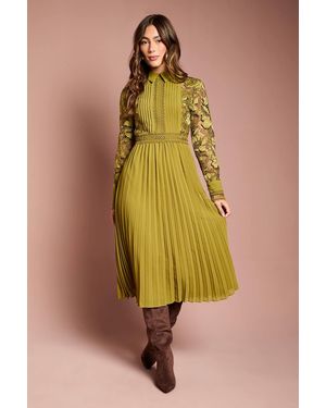 Coast Long Sleeve Lace And Pleated Midi Shirt Dress - Yellow
