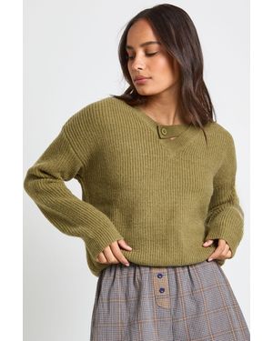 Boohoo Asymmetric Button Neck Detail Knitted Jumper - Verde