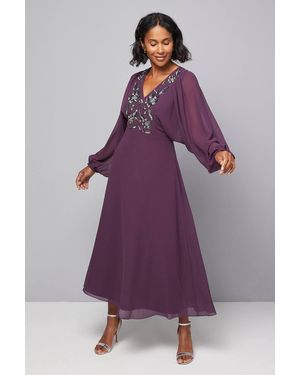 Wallis Embellished Balloon Sleeve Midi Dress - Purple