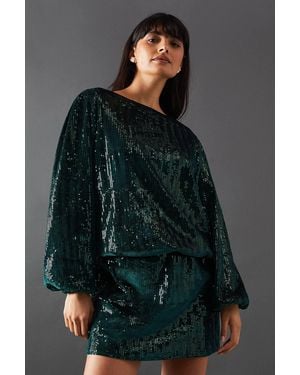 Warehouse Velvet Sequin Blouson Long Sleeve Mini Dress - Gray