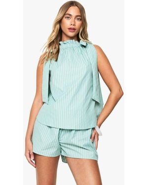 Boohoo Stripe Tie Neck Smock Top - Blue