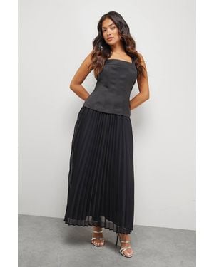 Warehouse Petite Satin Fitted Bodice Chiffon Pleated Skirt Midi Dress - Black