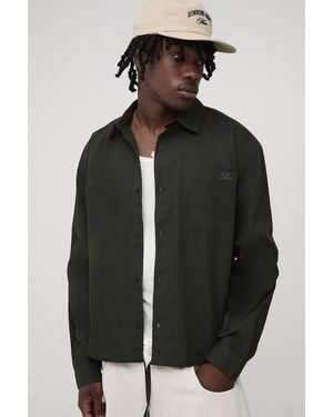 BoohooMAN Tall B Embroidered Boxy Oversized Bungee Hem Poplin Shirt - Black