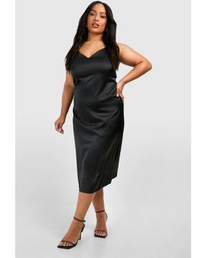 Boohoo Plus Satin V Neck Split Midi Dress - Black