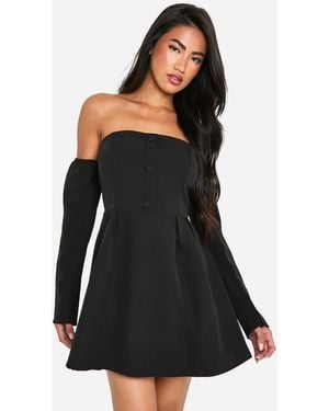 Boohoo A-Line Bardot Long Sleeve Mini Dress - Black