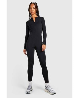 Boohoo Tall Premium Matte Slinky Zip Front Long Sleeve Unitard - Blue