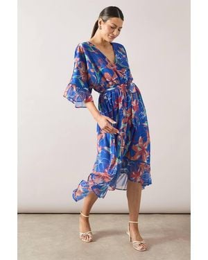 Wallis Floral Drop Hem Frill Midi Dress - Blue