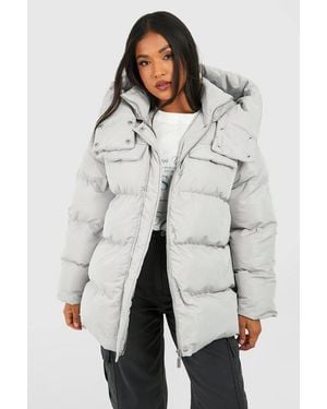 Boohoo Petite Oversized Pocket Detail Puffer Jacket - Gray