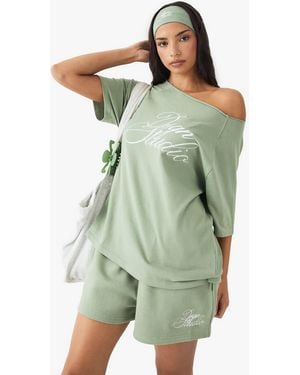 Boohoo Dsgn Studio Script Embroidered Oversized Off The Shoulder T-Shirt - Green
