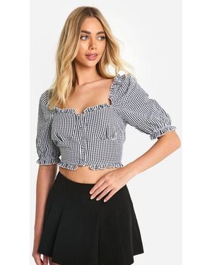 Boohoo Gingham Frill Hem Puff Sleeve Crop Top - Gray