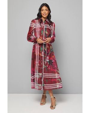 Wallis Floral Flannel Organza Belted Shirt Dress - Red