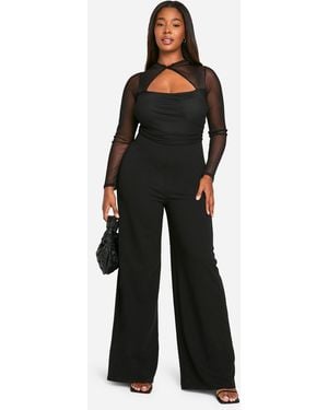 Boohoo Mono Plus Largo De Pernera Ancha Y Malla Con Nudo - Negro