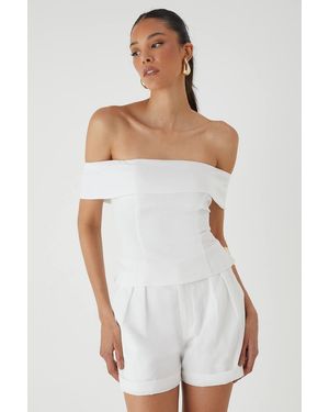 MissPap Linen Look Bardot Fold Over Top - White