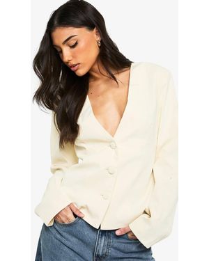 Boohoo Collarless Plunge Tailored Blazer - White
