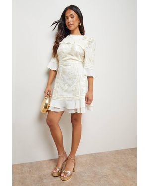 Oasis Petite Chiffon Ruffle Lace Panel Mini Dress - Natural