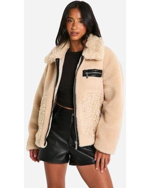 Boohoo Petite Teddy Mixed Faux Fur Aviator - Natural