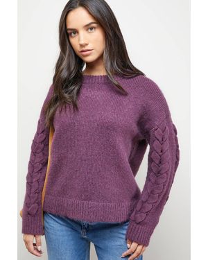 Oasis Cable Knit Sleeve Crew Neck Cozy Sweater - Purple