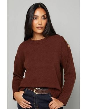 Wallis Petite Pointelle Sleeve Button Detail Sweater - Brown