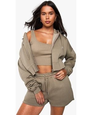 Boohoo Deep Hem 3 Piece Crop Zip Through Short Tracksuit - Brown