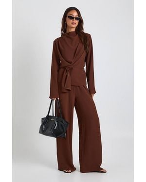 Boohoo Tall Woven Drape Long Sleeve Blouse & Trouser Co-Ord - Brown