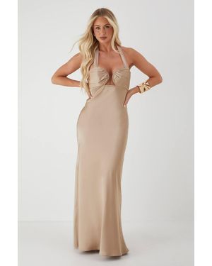 MissPap Ruched Bust Cup Halter Neck Maxi Dress - Natural