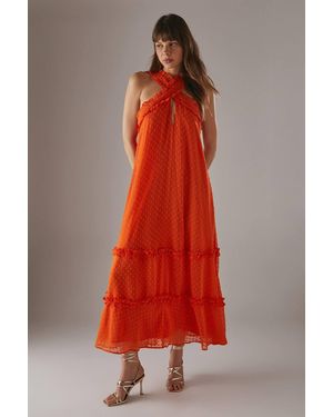 Warehouse Dobby Chiffon Frill Halter Tier Ruffle Maxi Dress - Red
