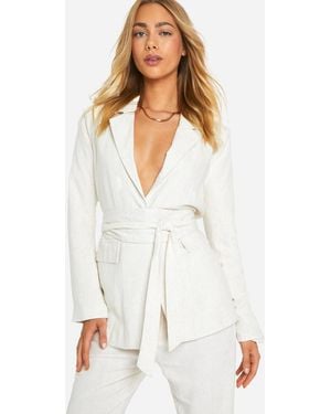 Boohoo Linen Look Obi Tie Waist Tailored Blazer - White