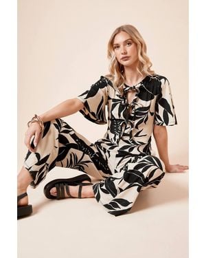Dorothy Perkins Mono Palm Bow Tie Front Angel Sleeve Jersey Jumpsuit - Natural