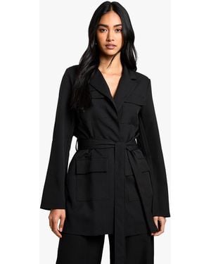 Boohoo Tailored Pocket Detail Belted Blazer - Black