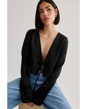 Nasty Gal Satin Tie Front Long Sleeve Top - Black