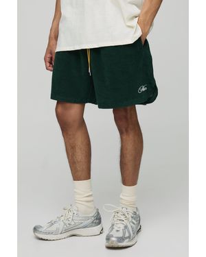 Boohoo Boxy Fit Embroidered Towelling Shorts - Green