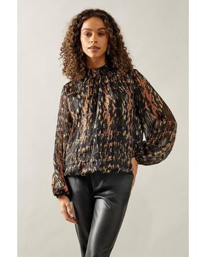 Wallis Blurred Animal High Neck Blouse - Brown