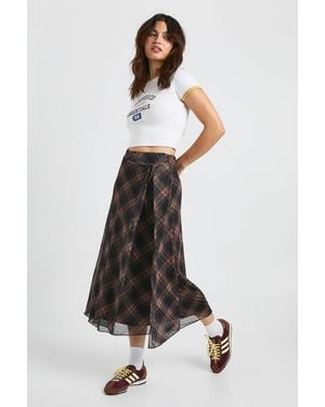Boohoo Check Print Wrap Front Mesh Maxi Skirt - White