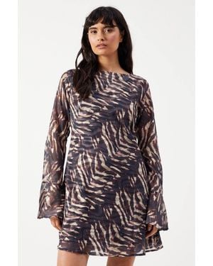 Warehouse Zebra Burnout Chiffon Bias Tie Back Mini Dress - Brown