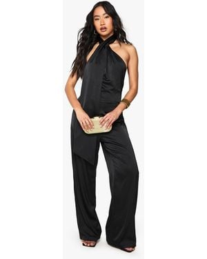 Boohoo Satin Scarf Detail Jumpsuit - Blue