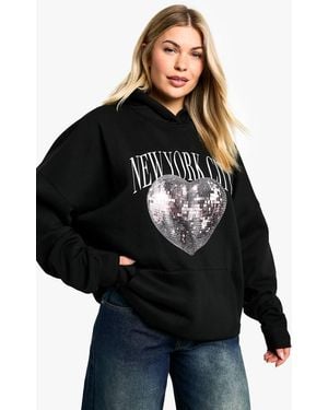 Boohoo New York City Disco Heart Printed Oversized Hoodie - Black