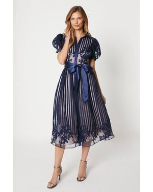 Coast Placement Stripe Organza Puff Sleeve Shirt Dress - Blue