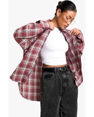 Boohoo Check Cinched Shoulder Pad Shirt - Red