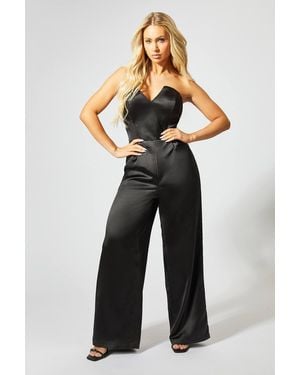 MissPap Satin Sweetheart Neck Wide Leg Jumpsuit - Black