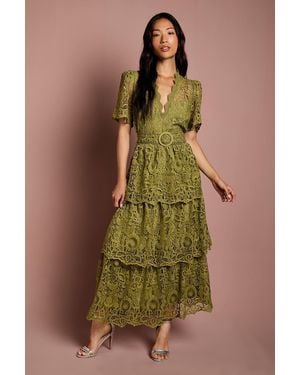 Coast Short Sleeve V Neck Tiered Lace Midi Dress - Green