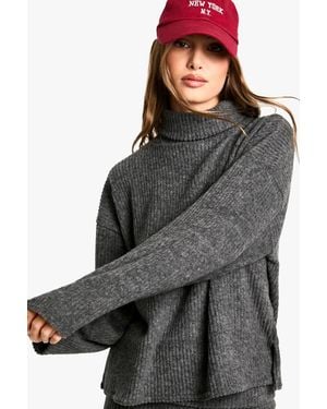 Boohoo Brushed Chunky Rib High Neck Oversized Top - Gray