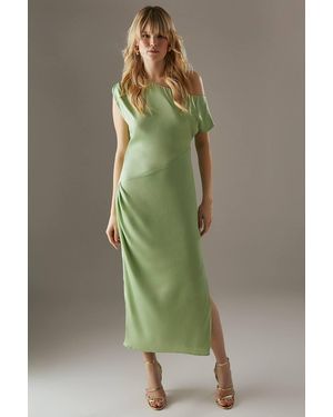 Warehouse Crinkle Satin Fallen Shoulder Knot Side Midi Dress - Green